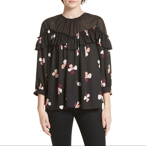 NWT Kate Spade Black Floral Glitzy Ritzy Dusk Buds Ruffle Top Size XXS - Picture 1 of 11